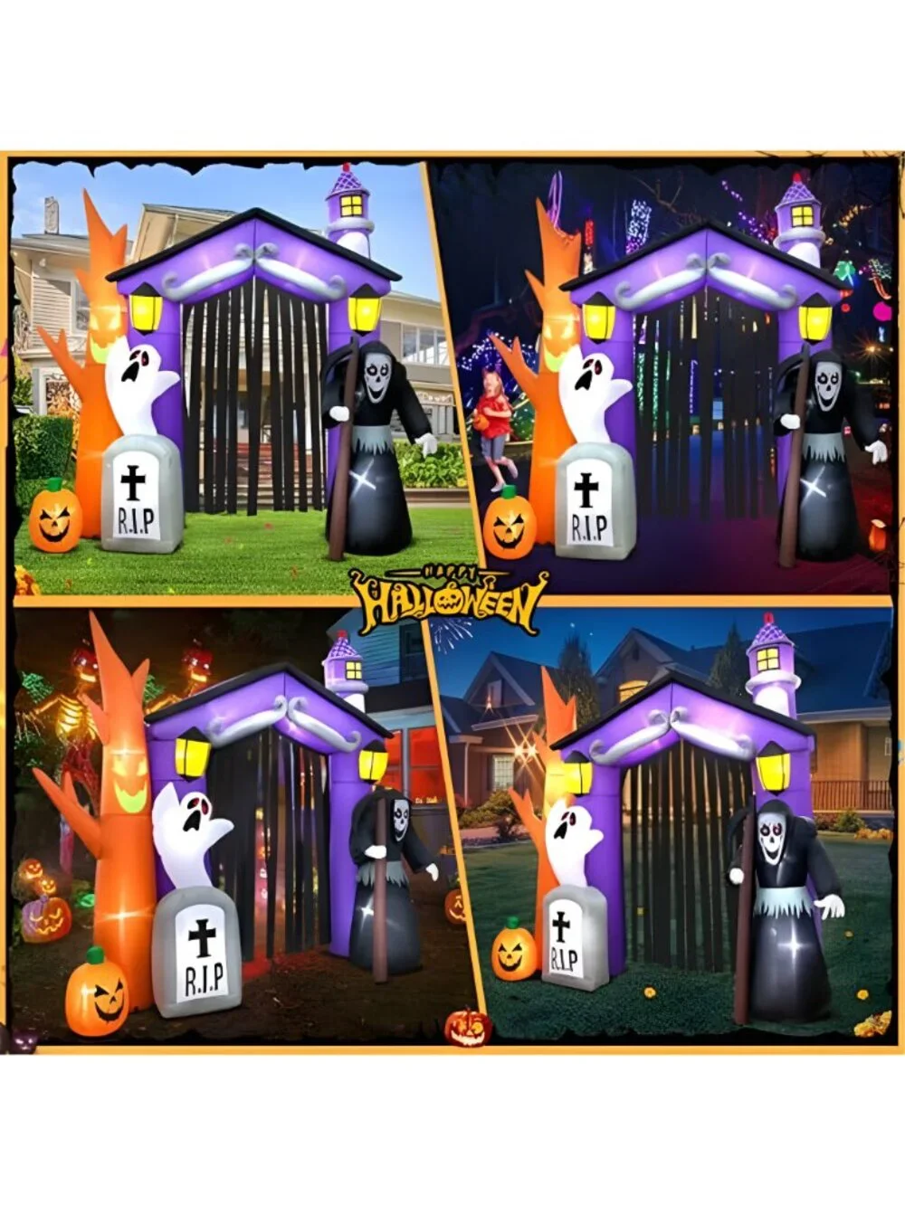 9FT Halloween Inflatables Haunted House Castle Archway Decoration with Led